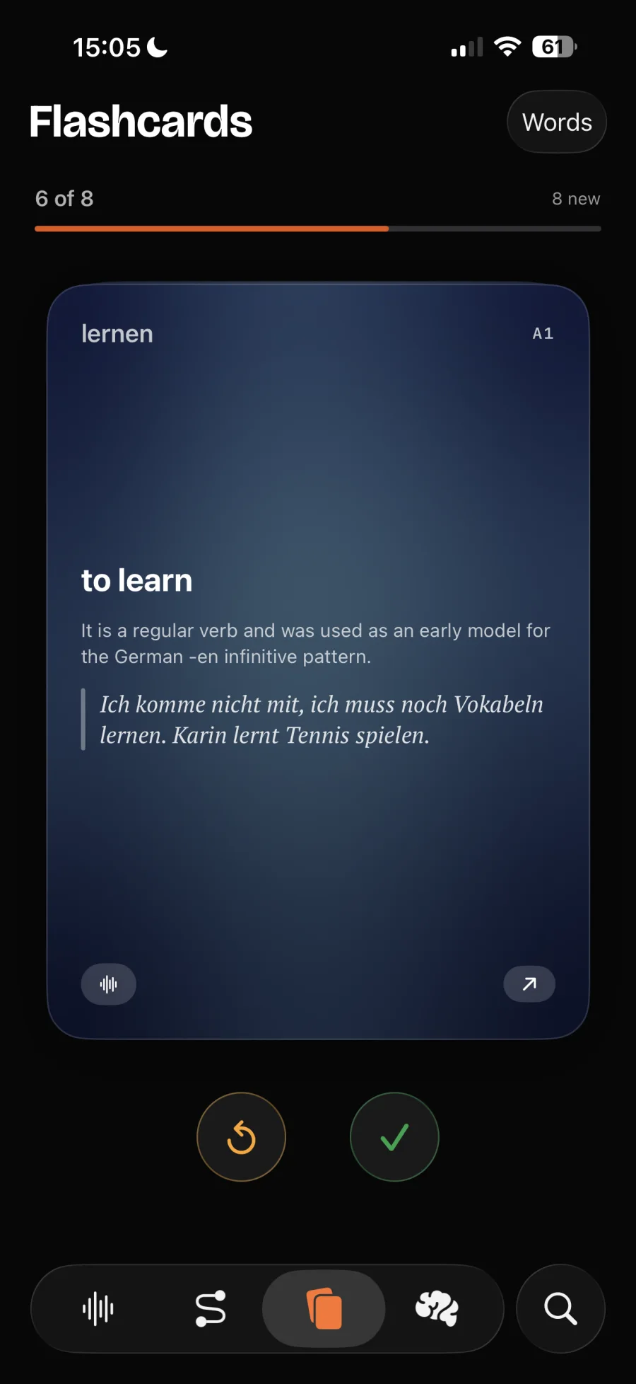 Flashcards built from words you actually used