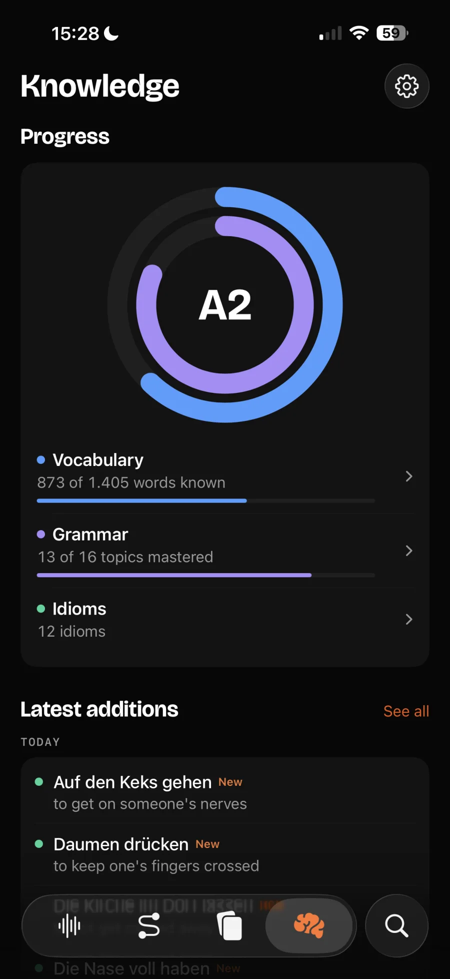 The knowledge screen: your grammar and vocabulary, tracked